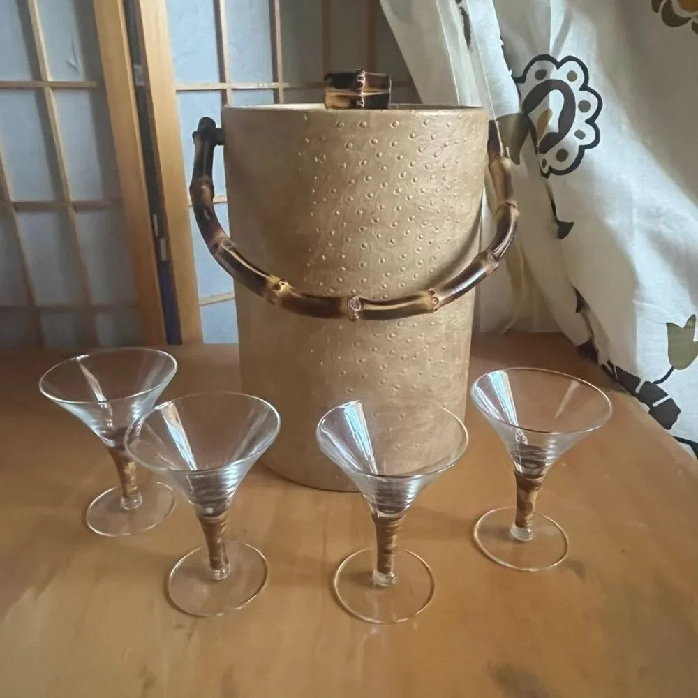Vintage MCM Faux Ostrich Ice Bucket With Bamboo Handle & Lid READ
